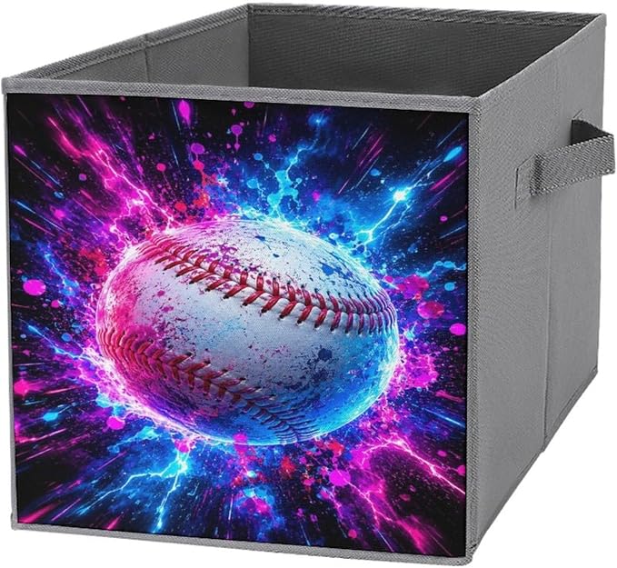 Galactic Baseball Energy Burst Storage Bin with Handles, Oxford Fabric Foldable Storage Cube Organizer for Clothes, Towels, Bedroom, Living Room, Home Organization
