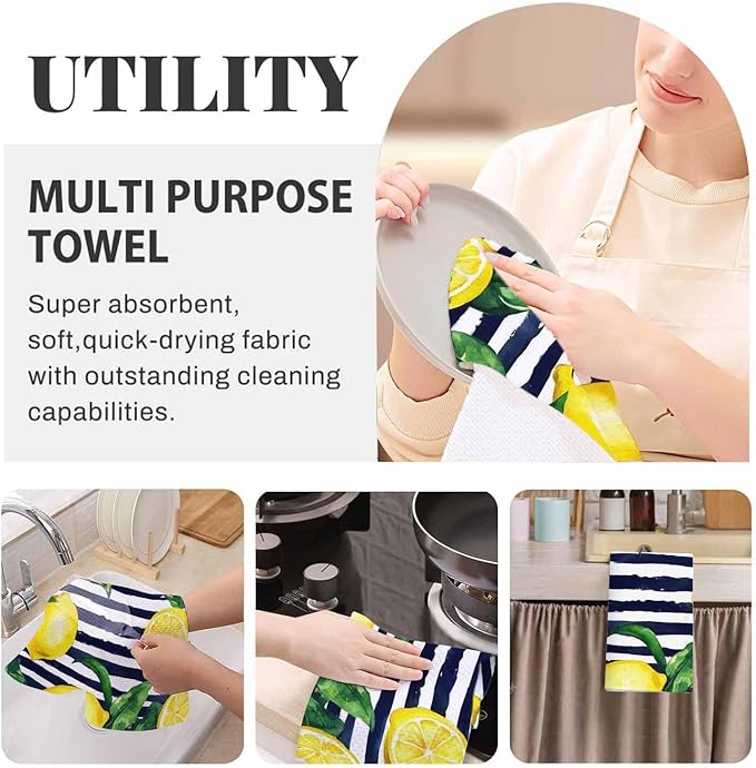 Lemons 2Pcs Kitchen Towels Watercolor Golden Lemon Stripes Green Leaf 16X24 Inch Ultra Soft Tea Towel Super Absorbent Terry Dish Towels for Kitchen Linens