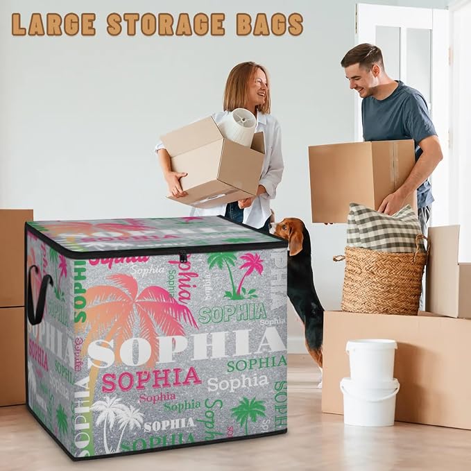 Personalized Name Large Storage Basket with Lid, Canvas Pink Green Tropical Palm Trees Storage Bins Quilt Clothes Organizer for Bedroom, Kitchen, Bathroom, Nursery, Shelves, Closets, Silver Glittery