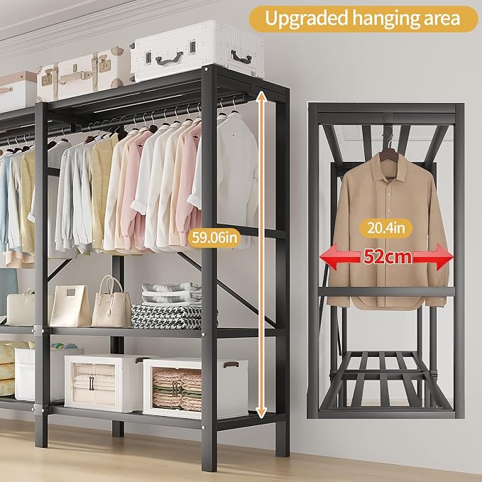 71in Heavy Duty Portable Closet with Cover, 1500lbs Foldable Covered Metal Clothing Wardrobe Closet System, Heavy Duty Garment Rack for Hanging Clothes, for Bedroom,Apartment,Rental Property, Brown