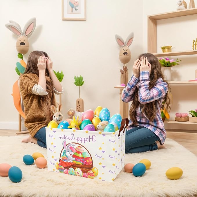 Easter Basket for Kid Large Empty Baby Rectangular Cute Easter Gift Storage Basket Bunny Eggs Décor (Rabbit Purple Bow Tie)