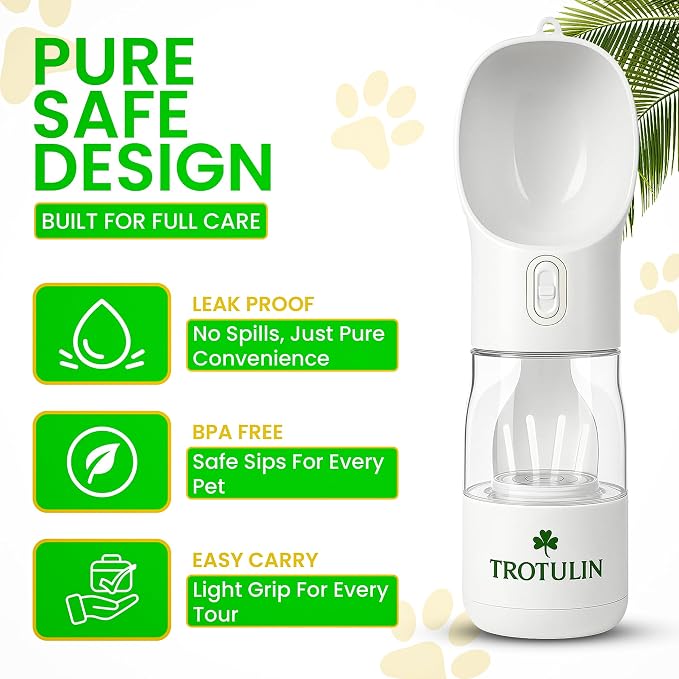 3-in-1 Portable Dog Water Bottle & Food Container,Leak Proof Pet Dispenser with Bowl, Poop Bag Holder & Wrist Strap, BPA Free Travel Water Bottle for Dogs & Cats, Outdoor Walks & Hiking
