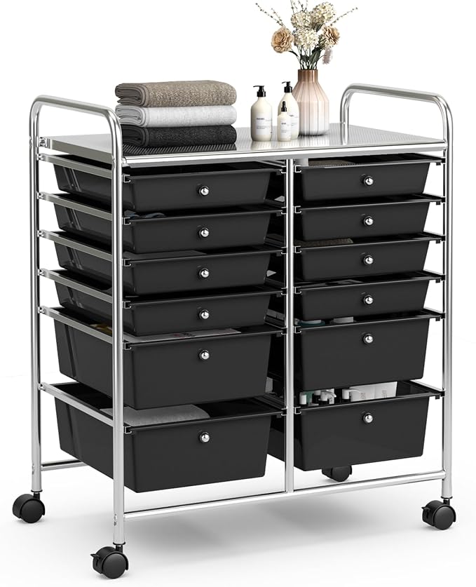12 Drawer Rolling Storage Cart, Art Cart Organizer on Wheels, Mobile Utility Cart with Drawers, Multipurpose Craft Drawers for Home Office School Classroom (Black)