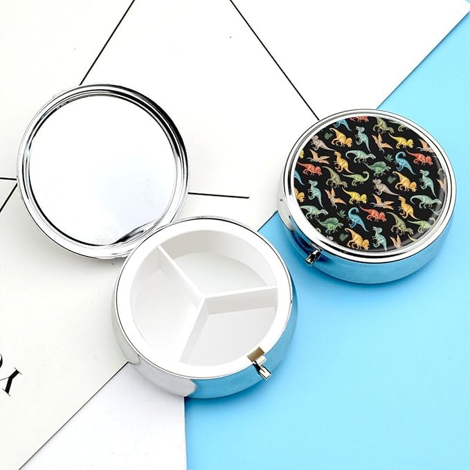Round 3 Compartment Pill Box with Mirror Cute Dinosaur Design, Portable Metal Pill Case for Purse Pocket Vitamin Storage