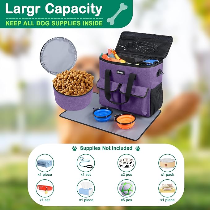 Dog Travel Bag - Dog Travel Kit for a Weekend Away Set Includes Pet Travel Bag Organizer for Accessories, 2 Collapsible Bowls, 2 Travel Food Container