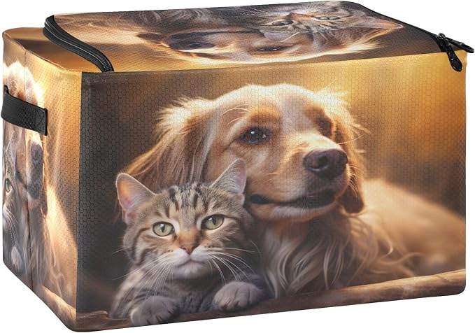 Foldable Storage Bin Dog and Cat Pattern Sturdy Under Bed Storage Container with Clear Window and Handle