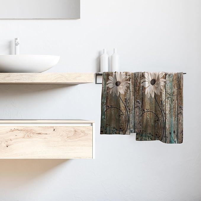 Giwawa Rustic Barn Sunflower Wooden Hand Towel 15x30 Set of 2, Daisy Flower Teal Turquoise Brown Plank Towel Retro Board Face Towel Country Barnwood Washcloth for Bathroom Farmhouse Log Cabin