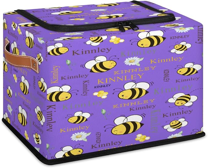 Custom Rectangle Storage Basket Zipper Lid, Personalized Name Medium Purple Organizer Bin for Pet/Children Toys, Books, Clothes, Perfect for Rooms/Playroom, Bee with Daisy Floral