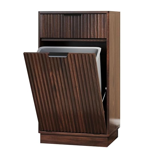 10 Gallon Tilt Out Trash Can Cabinet,Fluted Tilt Out Laundry Hamper Cabinet with Drawer,Wooden Trash can for Kitchen and Living Rooms