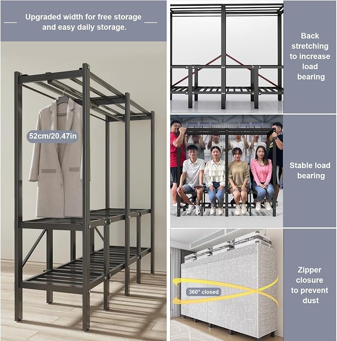 FPIGSHS Portable Wardrobe Closet Rack,1100lbs,Heavy-Duty Foldable Garment Rack With Cover，Freestanding Clothes Organizer System,enclosed Curtain Armoires For Hanging Clothes For Bedroom