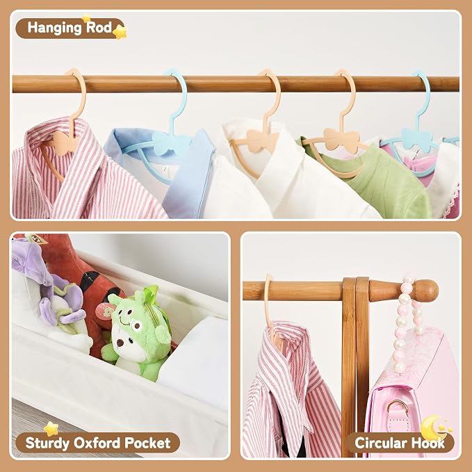 Bamboo Kids Clothing Rack with Storage Box - Foldable,Kids Dress Up Rack with Hooks & Rod, Organize Dress Up Storage & School Uniforms, Perfect for 4-13 Year Olds (Brown)