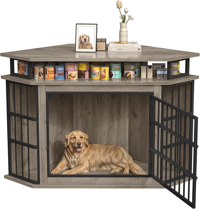 51" Corner Dog Crate Furniture Large Wooden Dog Kennel Indoor Dog House | With 2-Tier Shelves, Large Storage Space, Space-Saving Design, Multi-functional Pet House, Sturdy & Secure, Easy Assembly