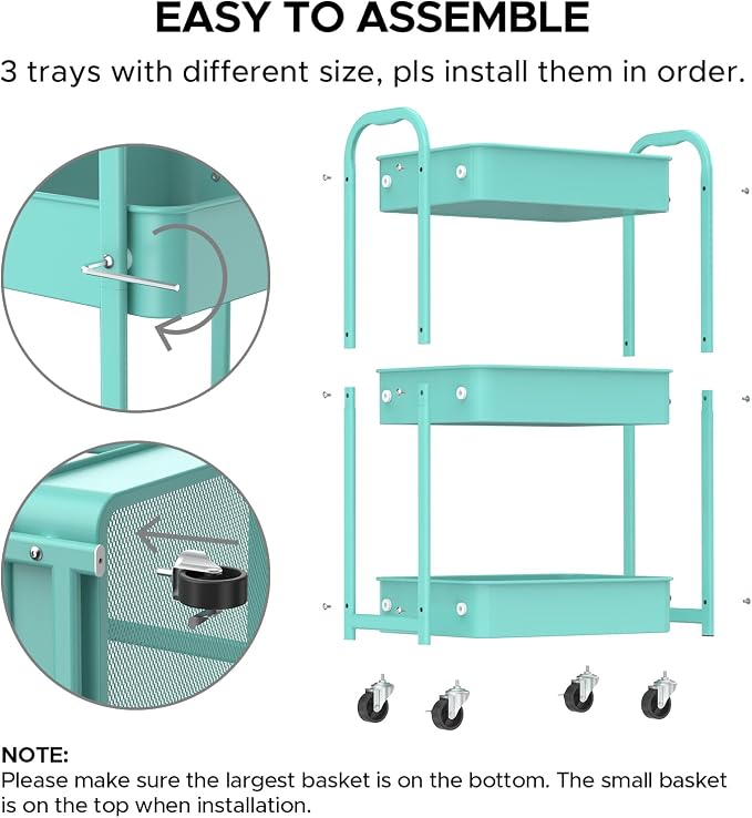 MAX Houser 3-Tier Rolling Utility Cart with Caster Wheels,Easy Assembly, for Kitchen, Bathroom (Turquoise) | Easy Assembly, multi-purpose storage trolley for kitchen, rolling cart with smooth caster wheels for bathroom