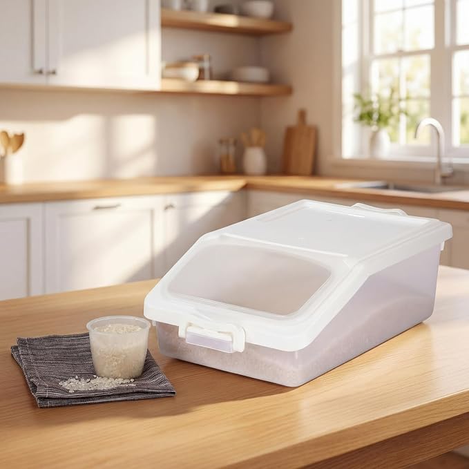 Blushtier 3 Pcs Rice Storage Container 11 lb Airtight Flour Container with Wheels Measuring Cup Clear Pet Food Dog Cat Birds Food Bin Grain Cereal Organizer Box for Dry Baking Supplies (White)