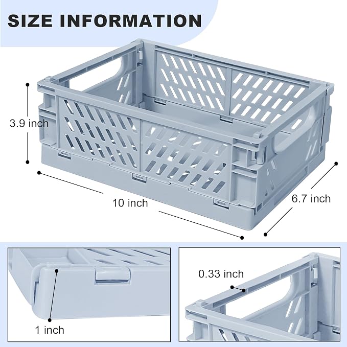 Tobeso-Nuoze Small Pastel Plastic Storage Bins 2Pcs Foldable Pastel Crates | Basket Colorful Storage Containers Baskets for Classroom Kitchen Office Bedroom Desktop Home Decor (Blue 9.8" x 6.5" x 3.8")