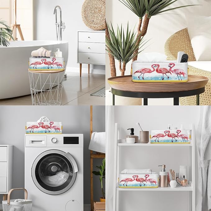 Pink Flamingo Light Blue Bathroom Storage Basket, Foldable with Handle Open Countertop Paper Towel Decorative Box, Toilet Tank Top Shelf Baskets for Home Closet Bedroom Living Room Office