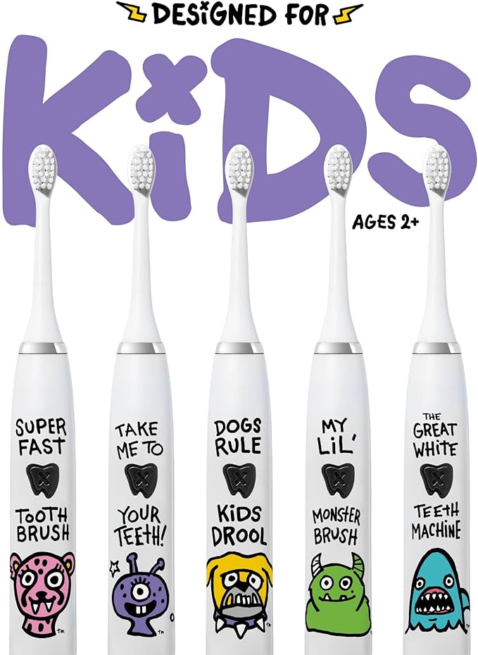 Made by Dentists Kids Electric Toothbrush - Rechargeable Vibrating Toothbrush with Timer, Includes 6 Replacement Heads, Gently Cleans Teeth, Kid & Toddlers Age 2+, Alien