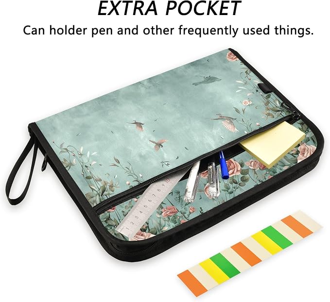 13 Pocket Zipper Expanding File Folder A4 Retro Floral | Accordion File Organizer with Front Pouch A4 Letter Size Portable Folders for Documents Receipt School Office Supplies