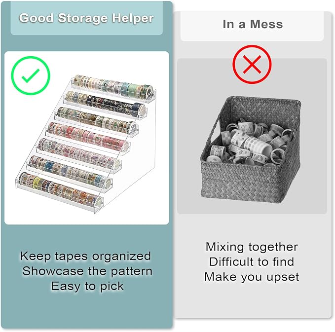 BTSKY 7 Tier Washi Tape Organizer - Clear Plastic Washi Tape Storage Rack, Assembly Washi Tape Storage Holder Washi Tape Dispenser Desk Accessories Display Caddy for Scrapbooking Art Craft Supplies