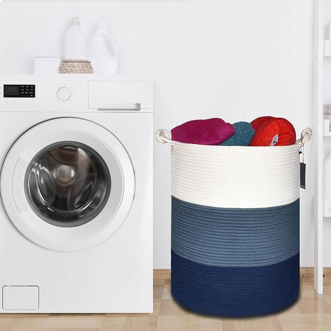 COMSE Tall Woven Blanket & Laundry Basket, 72L, White & Blue | 15.7”x 21.7”, Cotton Rope, Large Nursery Hamper for Storage of Toys Clothes Towels, Great for Living Rooms Bedrooms Bathrooms
