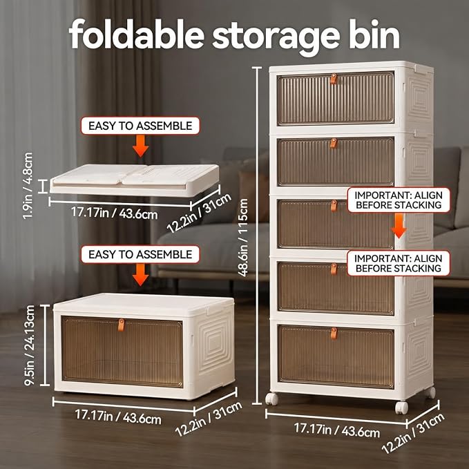LDQ 170 Qt Large Storage Bins with Lids, 5 Tier Stackable Storage Cabinet with Wheels & Clear Doors, Foldable Plastic Closet Organizer for Bedroom, Bathroom & Kitchen