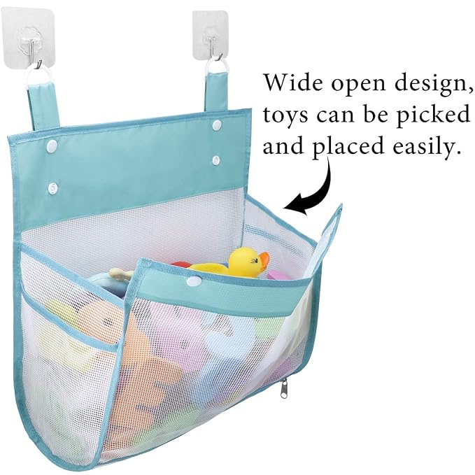 Muchfun Bath Toy Organizer Multiple Ways to Hang | Extra Large Opening Bathroom Toy Holder, Bottom Zipper Bathtub Toy Storage Bag (Blue)