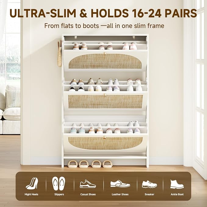 Shoe Cabinet Storage for Entryway Slim 9.5" Freestanding Floor Base Shoe Storage Cabinet, 3 Flip Drawers with 3-Position Adjustable Divider, Holds 16-36Pairs, Bright White