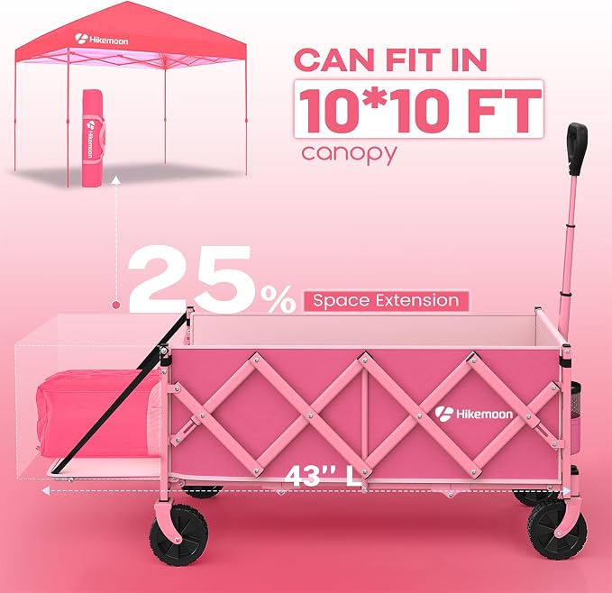 43'' Extra Long Folding Wagon with Extended Tailgate, Pink | Wagons Carts Foldable, 360LBS Heavy Duty, Compact Portable, Utility Collapsible for Shopping/Beach/Garden/Camping/Sports