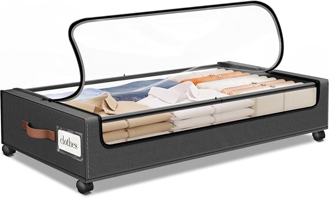 Under Bed Storage with Wheels 1Pack Storage Containers with Clear Window | Under Bed Drawers Rolling Under Bed Storage for Clothes,Shoes, Blankets (30.71 x 16.93 x 6.69 in, Dark Grey)