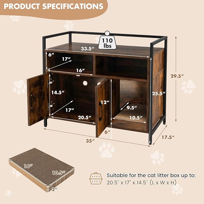 GIANTEX Cat Litter Box Enclosure, Hidden Cat Cabinet Furniture, Dog-Proof | Scratch Pad, Front Entry, Double Doors, 2-Compartment Storage, Wooden Pet House Washroom End Side Table for Living Room