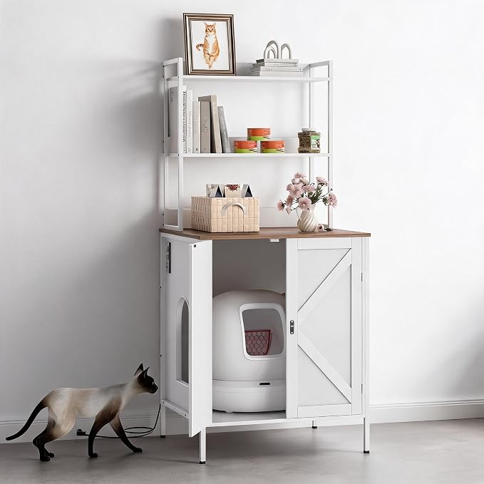 Self Cleaning Litter Box Enclosure Furniture with Shelf & Charge Station | 70" Farmhouse Cat Litter Box Robot Cabinet, Fit Automatic Litterbox Up to 26"×28"×31", Litter Cabinet for Robot 3/4/5 White