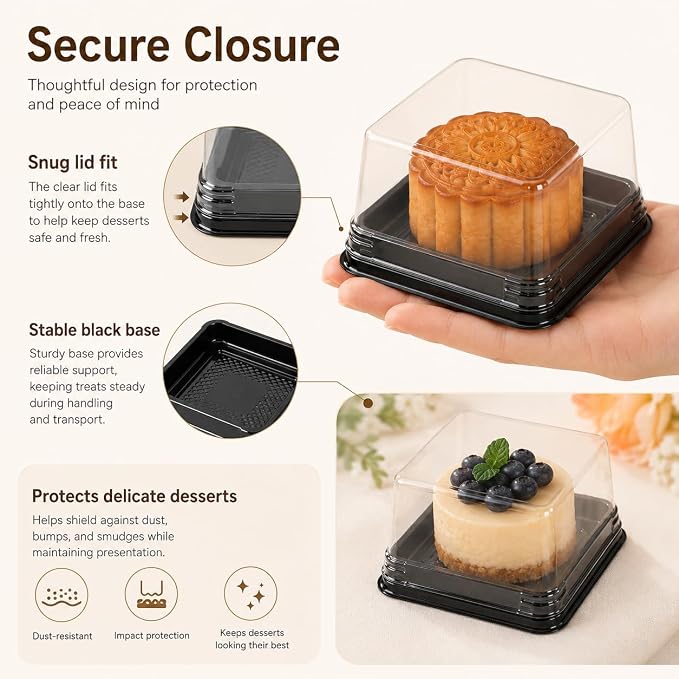 DOITOOL 100 Pcs Mooncake Box 2.75 Inch Clear Individual Cupcake Containers | Square, plastic mooncake packaging, mini cupcake box with lids for flan, macaron, muffin, dessert, cookies, small treats