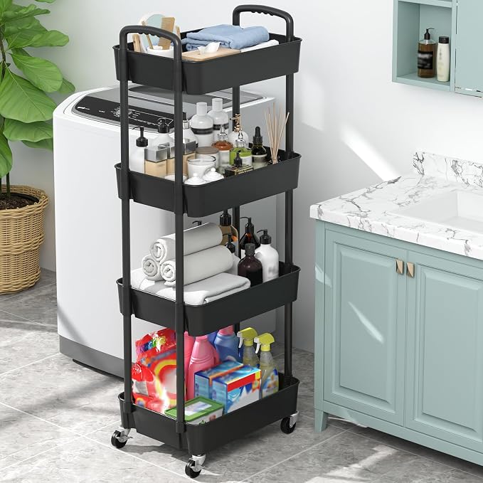 Sywhitta 4-Tier Plastic Rolling Utility Cart with Wheels for Storage, Black | Multi-Functional Storage Trolley, for Office, Living Room, Kitchen, Bathroom,Movable Organizer,Space-Saving,Easy to assemble
