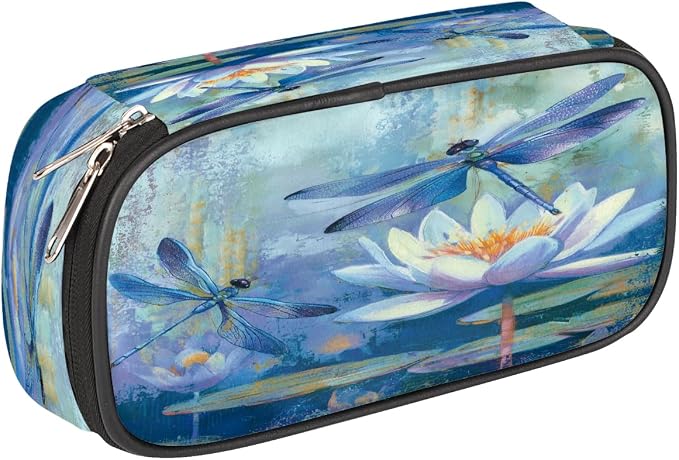 Cute Pencil Case for Girls Boys, Water Lilies Dragonfly Art Portable Pencil Bags Pouch Pen Case Organizer with Zipper for School College Office