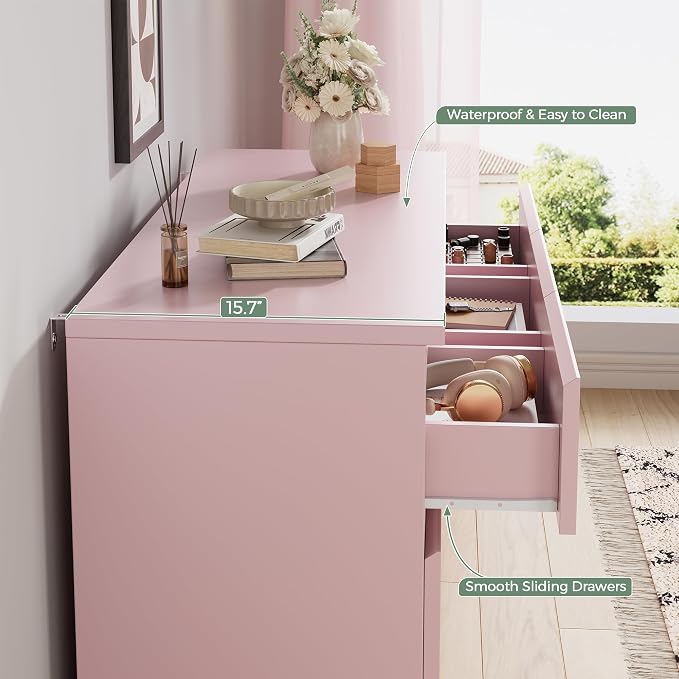 Pink 7 Drawer Dresser for Bedroom,Modern Wood Chest of Drawers,Closet Clothes Storage Organizer with Deep Drawers for Living Room Hallway Entryway,Nursery (15.3" D x 47.2" W x 32.3" H)