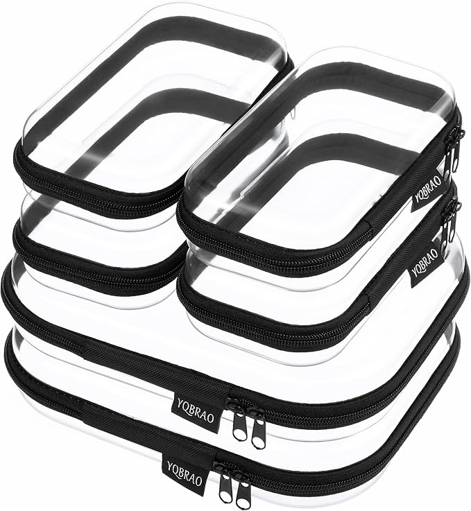 YQBRAO Clear Hard Shell Zipper Cases, 6 Travel Organizers, 2M 4S, Black | Rigid clear shells in two practical sizes separate toiletries, skincare, cosmetics, chargers and frequently used accessories