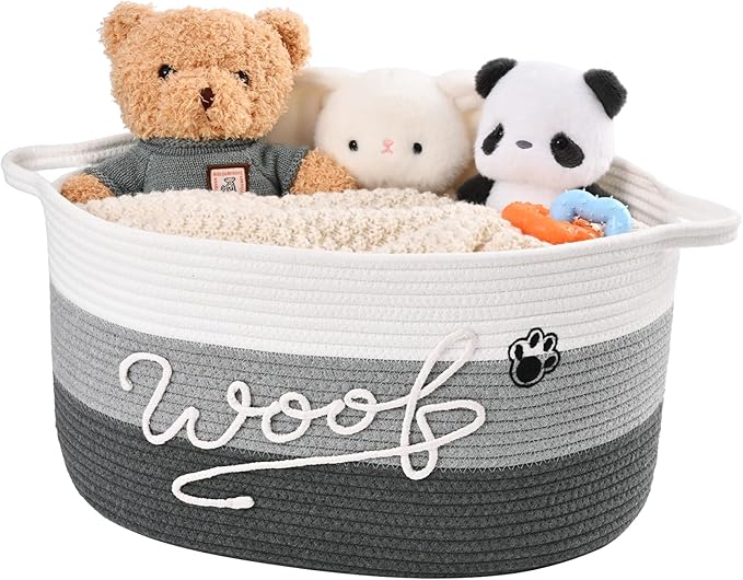 Woof Dog Toy Basket with Handles, Large Dog Toy Storage Bin with Paw Print, Woven Dog Basket for Blankets, Toys, Chews, Pet Toy Box for Nursery, Living Room, Bedroom, 20”x14”x9, Grey
