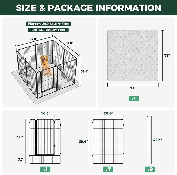 FXW Rollick Dog Playpen with Washable Pee Pad, 40"H, 8 Panels | Heavy-Duty & Easy setup Play Area, Super Absorbent Pad for Easy Cleanup, For Medium & Large Dogs, Patented