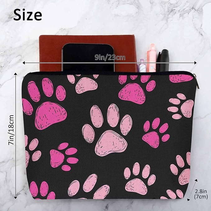 Women Cosmetic Bag Dog Paw, Pet Cat Paws Dog Prints Footprint Cute Makeup Bag For Purse Cosmetic Travel Bag For Toiletries Makeup Storage Bag Flax Skincare Bag Make Up Pouch Bags, Pink Black
