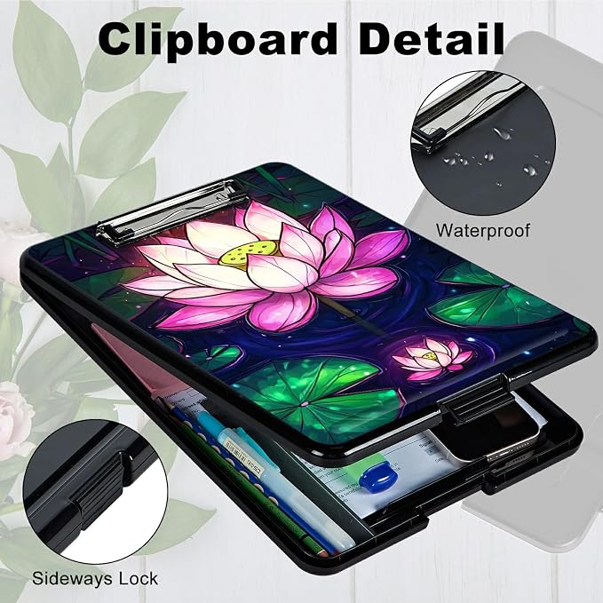 Pink Lotus Flower A4 Clipboard with Storage Pen Holder, Clipboards Organizer Nursing Clipboard Foldable File Folder Plastic Clipboard Folio Clip Board for Office Students Classroom Doctor
