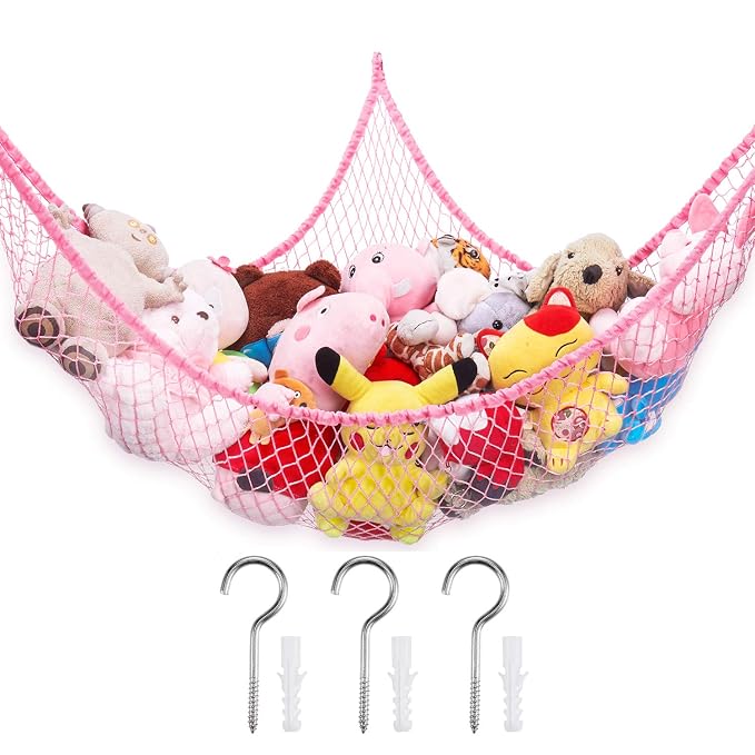Stuffed Animal Hammock, Toy Hammock Net, LXUNYI Wall Corner Mesh Toy Net Giant Baby Kids Children Stuff animals Hammocks Storage Hanging Net Organizer (Rose, 84 inch)