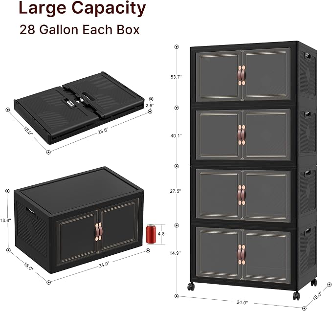 Stackable Storage Bins with Lids, 440QT Lockable Storage Cabinet | Closet Organizers, Foldable Storage Box with Doors and Wheels, Plastic Drawers for Home, Garage, Office (4, Black, Plus)