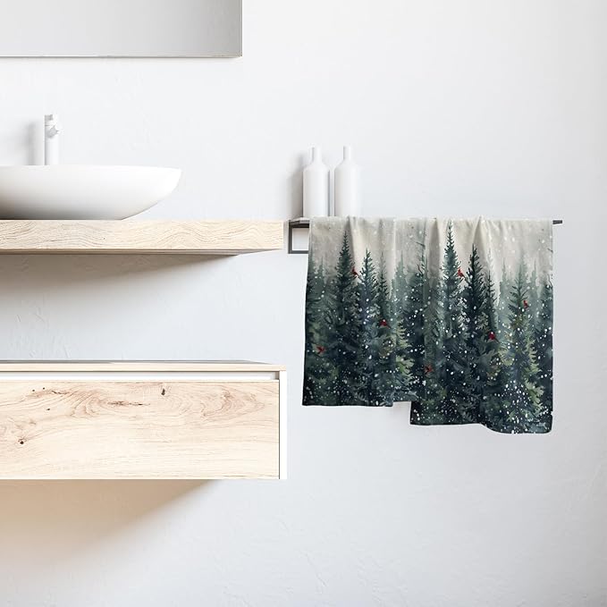 Giwawa Winter Trees Hand Towel Set of 2, Christmas Birch Pine Tree Red Birds Towel, Rustic Watercolor Misty Forest Face Towel Quick Dry Dish Wash Cloth for Hotel Bathroom Gym Home Spa Decor