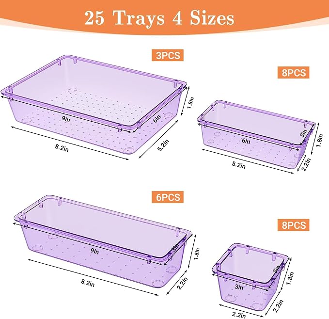 SpaceHacks 25 PCS Plastic Drawer Organizer, 4-Size Versatile Organizer Trays & storage Bins
