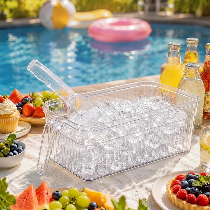 Havawish Ice Storage Bin and Flexible Scoop Set Plastic Freezer Bin | Freezer Ice Bin Scoop, Clear Bucket Container, Pull Handle, Flexible Storage, 12.6 X 6.3 X 4.33 in