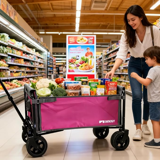 Pink Folding Wagon Cart with Wide Wheels, Lightweight & Portable, Easy Fold & Removable Side Utility Wagon for Groceries, Gardening, Camping, Pet Use