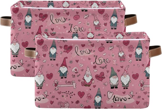 Happy Valentines Day Pink Storage Basket with Waterproof Liner and PU Handles Love Gnome Flowers Gift Storage Bins Boxes 14.2" Collapsible Decorative Organizer Baskets for Bedroom Closet Office 2 Pack