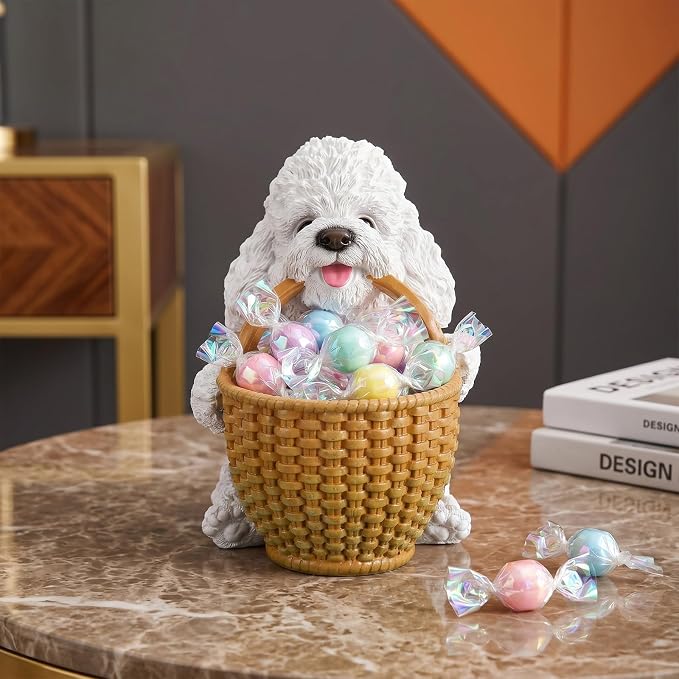 White Poodle Candy Bowl, Resin Dog Figurine Key Bowl for Entryway Table, Desktop Storage Basket Organizer for Desk, Unique Dog Lover Gift