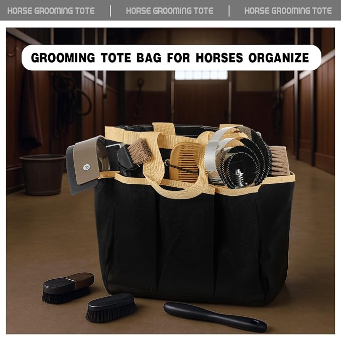 Abbylike Grooming Tote,Vintage,15 x 12 x 5.5 Inch,Khaki and Black | Tote Bag for Horses and Dogs, Organize Tack Tools Equestrian Grooming Kit, Care Portable with Multiple Pockets for Supplies