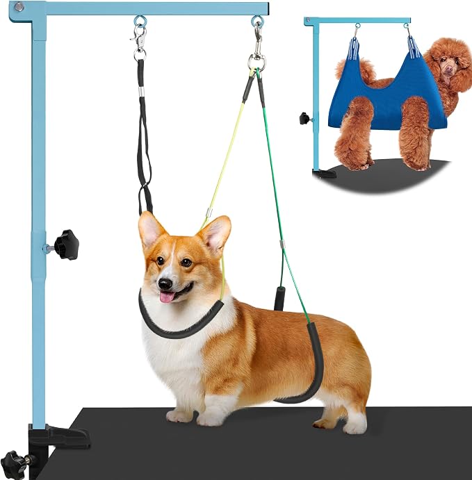 getlstub Dog Grooming Arm with Pet Grooming Hammock, 35" Pet Grooming Table Arm with Adjustable No Sit Haunch Holders, Dog Grooming Stand with Loop Noose for Small and Medium Pets, Blue